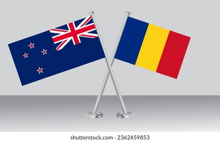Crossed flags of New Zealand and Romania. Official colors. Correct proportion. Banner design
