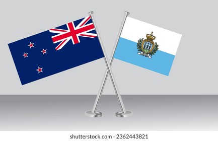 Crossed flags of New Zealand and San Marino. Official colors. Correct proportion. Banner design
