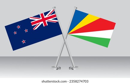 Crossed flags of New Zealand and Seychelles. Official colors. Correct proportion. Banner design
