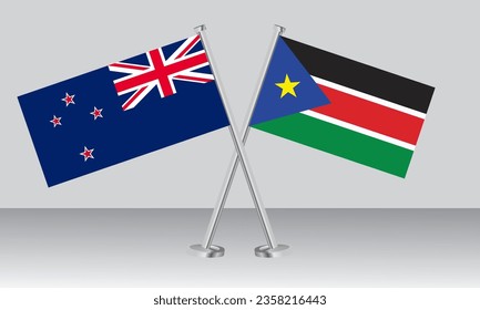 Crossed flags of New Zealand and South Sudan. Official colors. Correct proportion. Banner design
