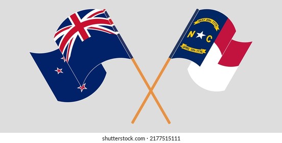 Crossed flags of New Zealand and The State of North Carolina. Official colors. Correct proportion. Vector illustration
