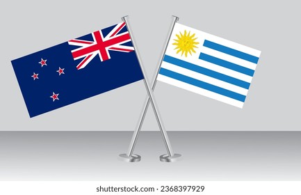 Crossed flags of New Zealand and Uruguay. Official colors. Correct proportion. Banner design
