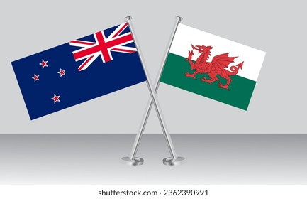 Crossed flags of New Zealand and Wales. Official colors. Correct proportion. Banner design
