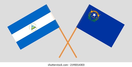 Crossed flags of Nicaragua and The State of Nevada. Official colors. Correct proportion. Vector illustration
