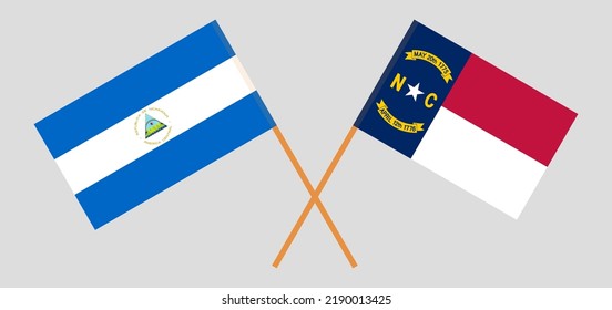 Crossed flags of Nicaragua and The State of North Carolina. Official colors. Correct proportion. Vector illustration
