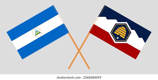 Crossed flags of Nicaragua and The State of Utah. Official colors. Correct proportion. Vector illustration
