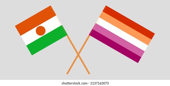 Crossed flags of Niger and Lesbian Pride. Official colors. Correct proportion. Vector illustration
