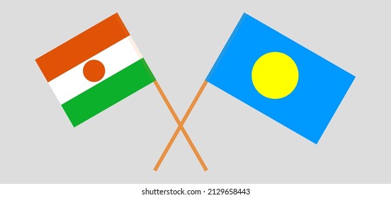 Gekreuzte Flaggen von Niger und Palau. Offizielle Farben. Richtiger Anteil. Vektorgrafik
