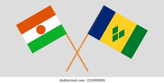 Crossed flags of Niger and Saint Vincent and the Grenadines. Official colors. Correct proportion. Vector illustration