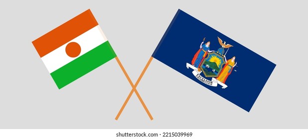 Banderas cruzadas de Níger y el estado de Nueva York. Colores oficiales. Proporción correcta. Ilustración del vector
