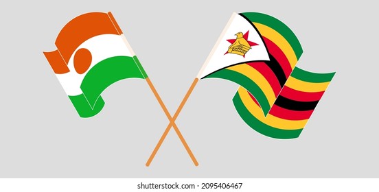 Crossed flags of Niger and Zimbabwe. Official colors. Correct proportion. Vector illustration
