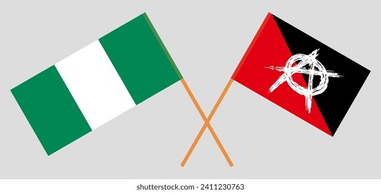 Crossed flags of Nigeria and anarchy. Official colors. Correct proportion. Vector illustration
