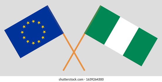Crossed flags of Nigeria and the EU. Official colors. Correct proportion. Vector illustration
