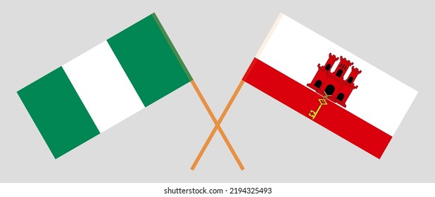 Crossed flags of Nigeria and Gibraltar. Official colors. Correct proportion. Vector illustration
