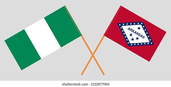 Crossed flags of Nigeria and The State of Arkansas. Official colors. Correct proportion. Vector illustration

