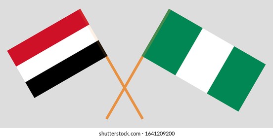 Crossed flags of Nigeria and Yemen. Official colors. Correct proportion. Vector illustration
