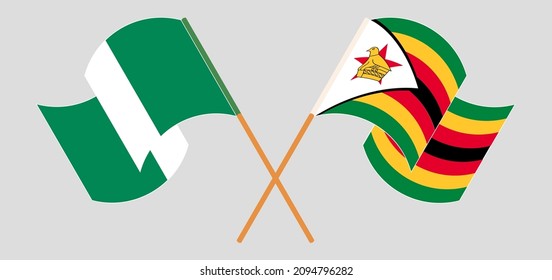 Crossed flags of Nigeria and Zimbabwe. Official colors. Correct proportion. Vector illustration

