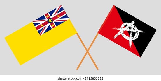 Crossed flags of Niue and anarchy. Official colors. Correct proportion. Vector illustration
