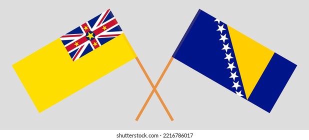 Crossed flags of Niue and Bosnia and Herzegovina. Official colors. Correct proportion. Vector illustration
