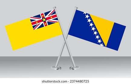 Banderas cruzadas de Niue y Bosnia y Herzegovina. Colores oficiales. Proporción correcta. Diseño de pancartas
