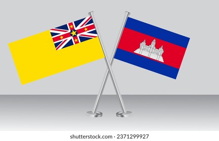 Crossed flags of Niue and Cambodia. Official colors. Correct proportion. Banner design
