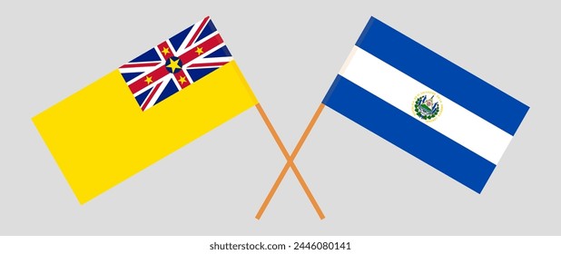 Crossed flags of Niue and El Salvador. Official colors. Correct proportion. Vector illustration
