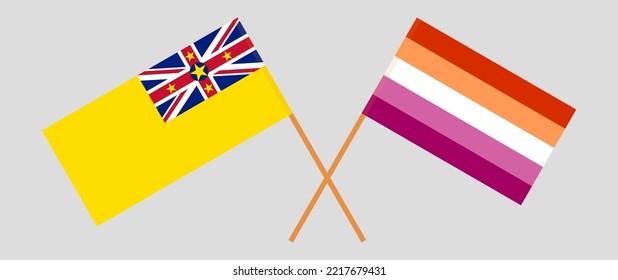 Crossed flags of Niue and Lesbian Pride. Official colors. Correct proportion. Vector illustration
