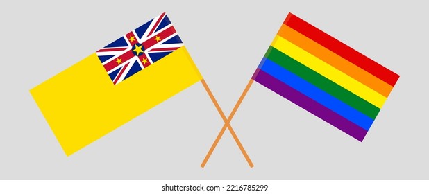 Crossed flags of Niue and LGBTQ. Official colors. Correct proportion. Vector illustration
