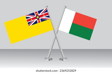 Überquerte Flaggen von Niue und Madagaskar. Offizielle Farben. Richtiger Anteil. Banner-Design
