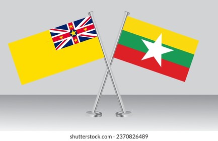 Crossed flags of Niue and Myanmar. Official colors. Correct proportion. Banner design

