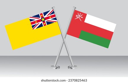 Crossed flags of Niue and Oman. Official colors. Correct proportion. Banner design
