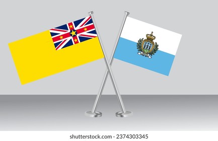 Crossed flags of Niue and San Marino. Official colors. Correct proportion. Banner design
