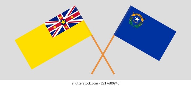 Crossed flags of Niue and The State of Nevada. Official colors. Correct proportion. Vector illustration
