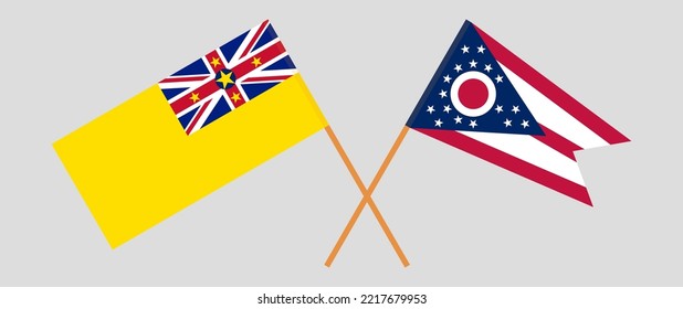 Banderas cruzadas de Niue y el estado de Ohio. Colores oficiales. Proporción correcta. Ilustración del vector
