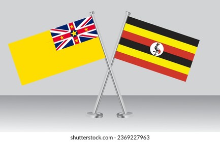 Überkreuzte Flaggen von Niue und Uganda. Offizielle Farben. Richtiger Anteil. Banner-Design
