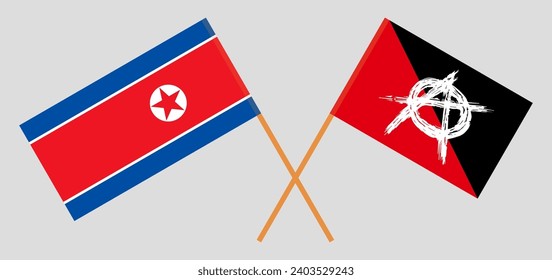 Crossed flags of North Korea and anarchy. Official colors. Correct proportion. Vector illustration
