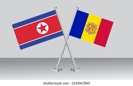 Crossed flags of North Korea and Andorra. Official colors. Correct proportion. Banner design