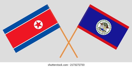 Crossed flags of North Korea and Belize. Official colors. Correct proportion. Vector illustration
