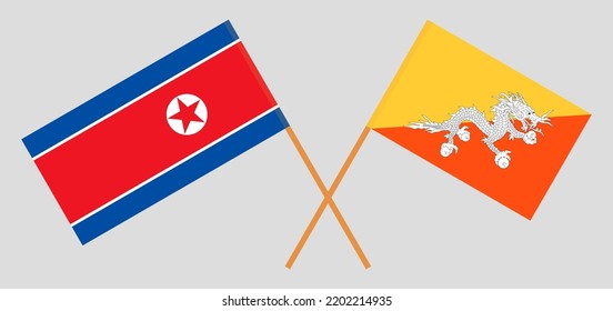 Crossed flags of North Korea and Bhutan. Official colors. Correct proportion. Vector illustration
