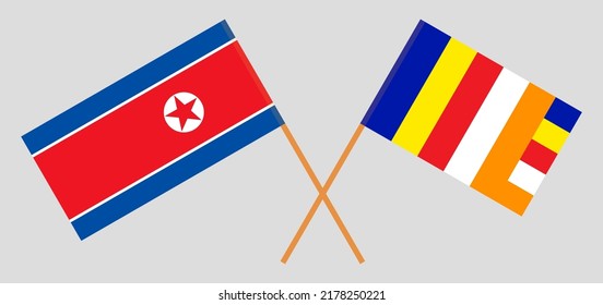 Crossed flags of North Korea and Buddhism. Official colors. Correct proportion. Vector illustration
