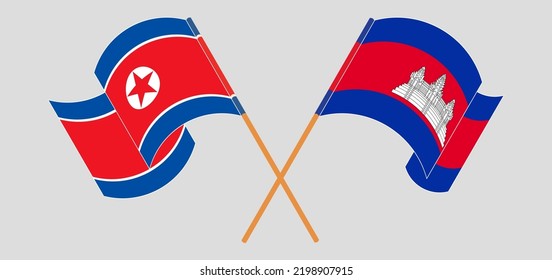 Crossed flags of North Korea and Cambodia. Official colors. Correct proportion. Vector illustration
