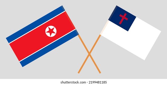 Banderas cruzadas de Corea del Norte y cristiandad. Colores oficiales. Proporción correcta. Ilustración del vector