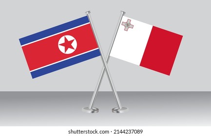 Crossed flags of North Korea and Malta. Official colors. Correct proportion. Banner design