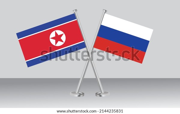 Crossed flags of North Korea\
and Russia. Official colors. Correct proportion. Banner\
design