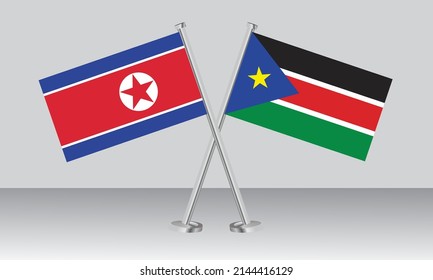 Crossed flags of North Korea and South Sudan. Official colors. Correct proportion. Banner design