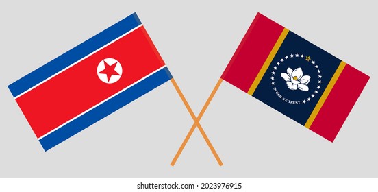 Banderas cruzadas de Corea del Norte y el Estado de Misisipi. Colores oficiales. Proporción correcta