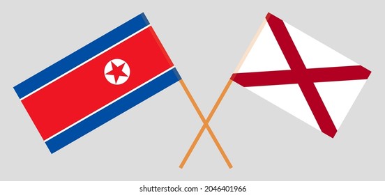 Crossed flags of North Korea and The State of Alabama. Official colors. Correct proportion