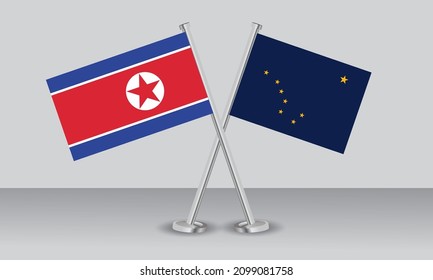 Crossed flags of North Korea and State of Alaska. Official colors. Correct proportion. Banner design