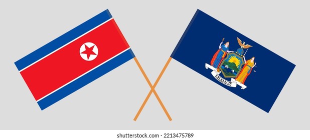 Crossed flags of North Korea and The State of New York. Official colors. Correct proportion. Vector illustration
