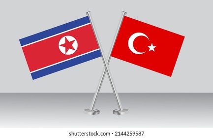Crossed flags of North Korea and Turkey. Official colors. Correct proportion. Banner design